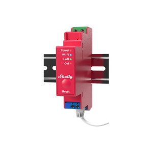 Modulo relè rosso Shelly Pro 1PM con connettività LAN, WLAN e Bluetooth per la domotica.