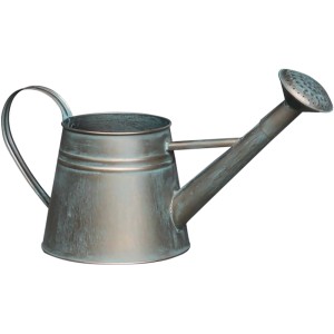 Annaffiatoio decorativo in metallo blu anticato per giardino e balcone.