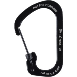 Moschettone nero Nite Ize taglia 3 con blocco a scorrimento, non adatto per l'arrampicata.