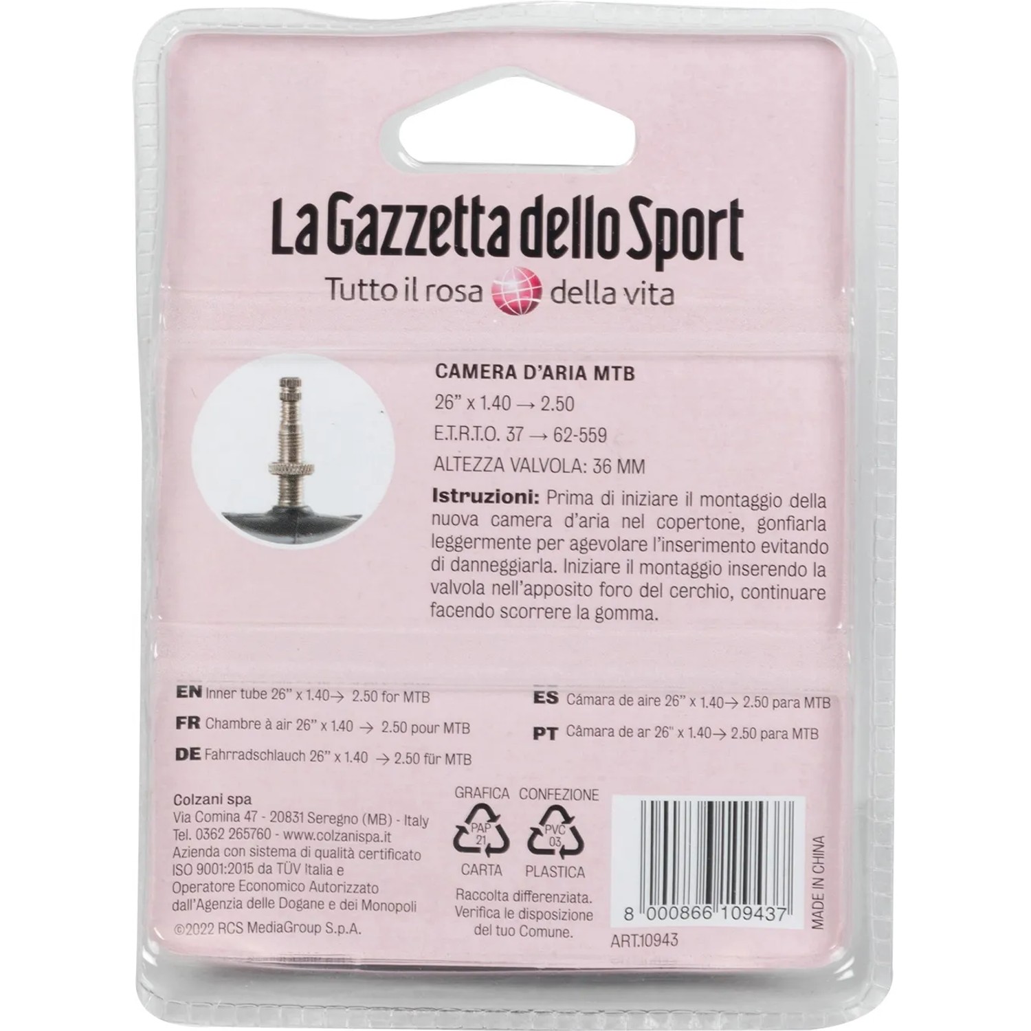 Camera d'aria per bici MTB da 26 pollici, confezionata.