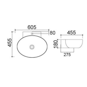 Disegno tecnico del lavabo da appoggio t.b.t. con dimensioni.