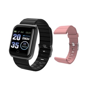 Smartwatch con cinturino nero e cinturino rosa aggiuntivo. Accessori per cellulari.