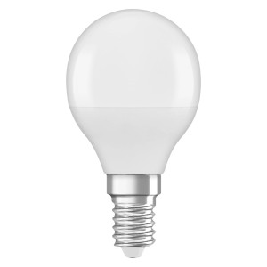 Lampadina LED E14 bianca a forma sferica.