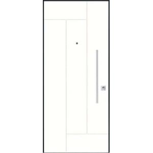 Porta blindata bianca con design lineare e maniglia argentata.