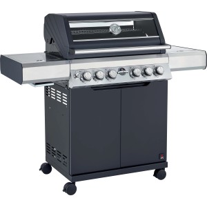 Barbecue a gas t.b.t. con elementi in acciaio inox e mobile base.