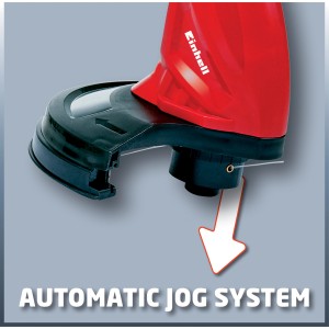 Dettaglio del tagliabordi elettrico Einhell GC-ET 2522 con meccanismo a pressione per l'avanzamento del filo.