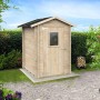 Casetta da giardino in legno Argenta chiara, con porta singola, finestra e tetto scuro. Ottima per attrezzi.