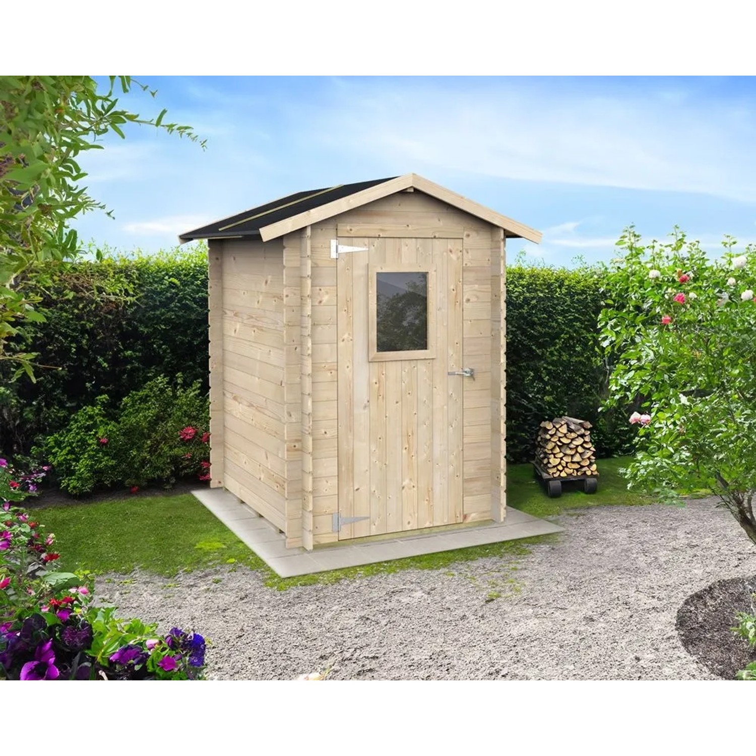 Casetta da giardino in legno Argenta chiara, con porta singola, finestra e tetto scuro. Ottima per attrezzi.