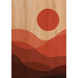 Quadri: Quadro astratto con sole rosso e paesaggio collinare su struttura in legno.