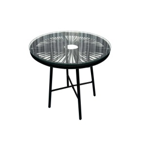 Tavolino da giardino rotondo con piano in vetro e struttura in metallo nero.