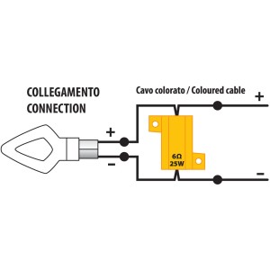 Schema elettrico per accessori auto t.b.t. con connessioni via cavo e resistore giallo.