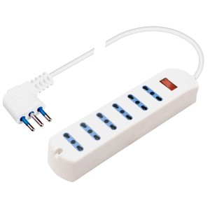 Multipresa bianca t.b.t. con sei prese e interruttore rosso.