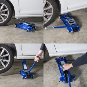 Cric auto blu t.b.t. in uso sotto un'auto bianca.