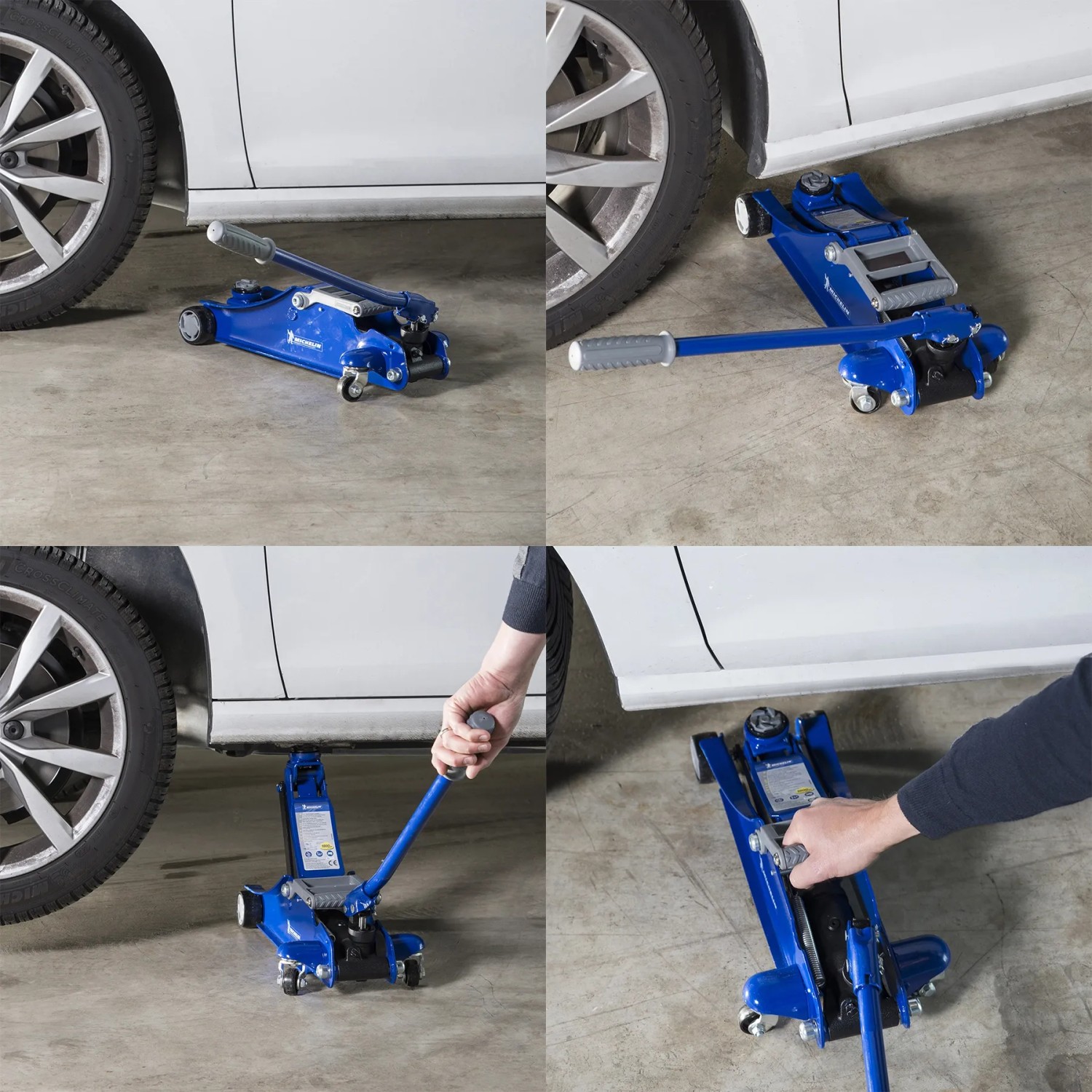Cric auto blu t.b.t. in uso sotto un'auto bianca.