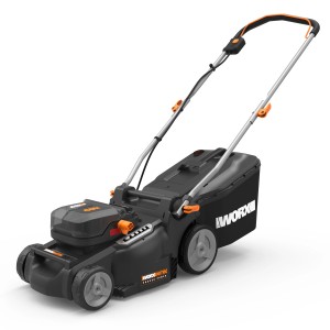 Tosaerba a batteria Worx 2-in-1 WG737E Nitro 40 V con sacco di raccolta, vista laterale.