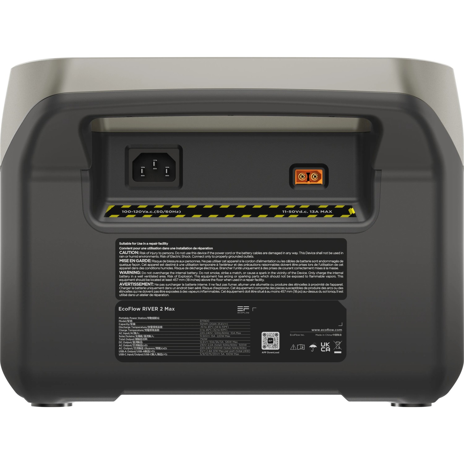 Vista posteriore della power station EcoFlow River 2 Max con porte e specifiche tecniche.