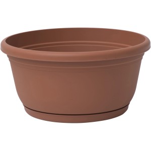 Ciotola per fiori t.b.t. rotonda marrone in plastica con sottovaso per il giardino.