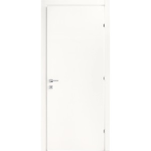 Porta interna bianca con maniglia argentata. Design semplice per spazi abitativi moderni.