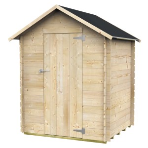 Casetta in legno Vanessa, 146x130 cm, abete non trattato con porta e tetto nero.