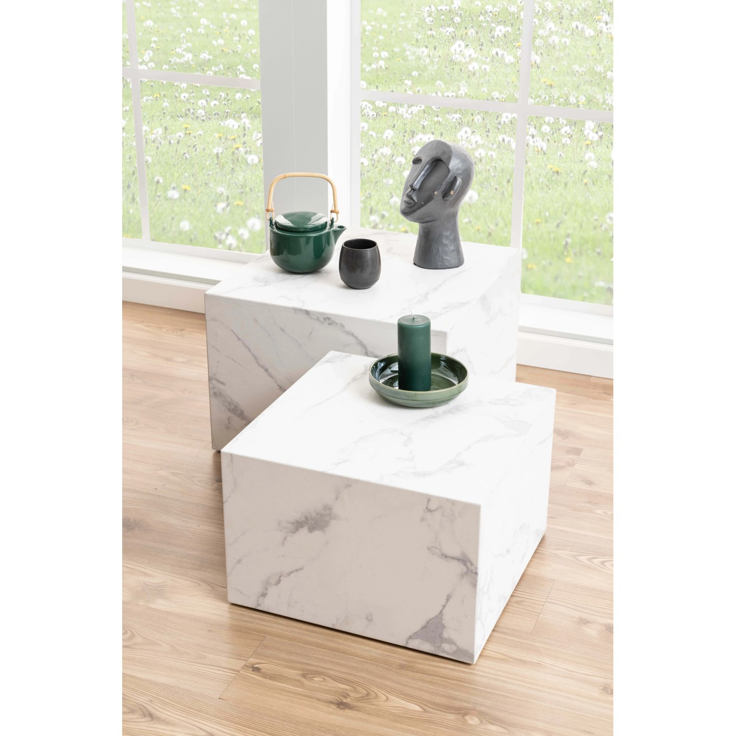 Set di 2 tavolini da salotto in legno Motrik effetto marmo bianco quadro h40 cm_3