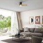 Ventilatore da soffitto moderno con pale in legno e lampada integrata in soggiorno.