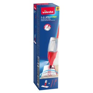 Vileda 1-2 Spray Max dispositivo di pulizia con funzione spray e manico rosso.