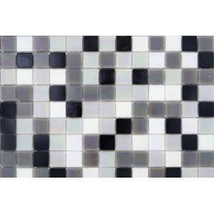 Piastrella a mosaico in nero, bianco e grigio.