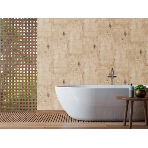 Bagno con rivestimento murale t.b.t. effetto legno dietro una vasca bianca.