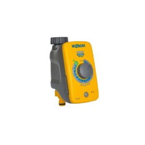 Timer per irrigazione giallo Hozelock per irrigazione automatica del giardino.