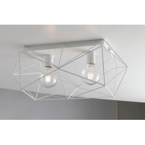 Plafoniera bianca Luce Design Abraxas con struttura geometrica e due lampadine.