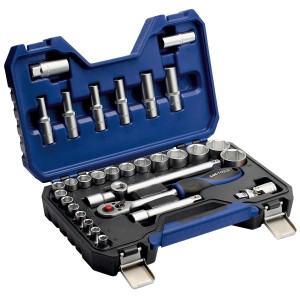 Set di chiavi a bussola LUX Comfort, 32 pezzi con cricchetti, bussole ed estensioni in valigetta blu.