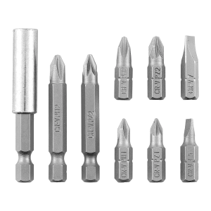 Set di inserti Einhell da 9 pezzi: Dettaglio di inserti e portainserti in cromo vanadio.