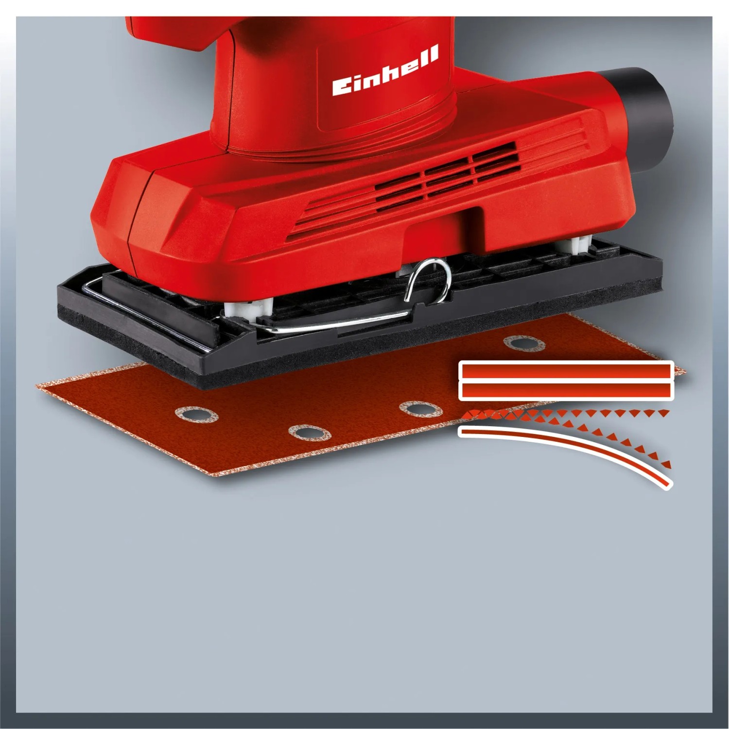 Levigatrice orbitale Einhell TC-OS 1520 con carta vetrata e aspirazione polvere.