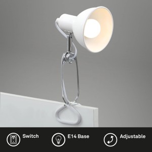 Lampada a pinza bianca Briloner con interruttore a cavo, ideale come luce da lettura.