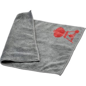 Panno in microfibra Weber grigio con motivo grill rosso, ideale per la pulizia della griglia.