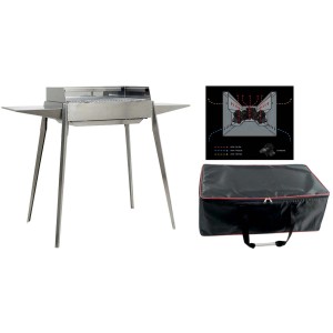 Barbecue a carbonella t.b.t. in acciaio inox con borsa per il trasporto e schema.