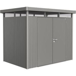 Casetta da giardino in metallo Biohort HighLine, grigio quarzo metallizzato, doppia porta. Design moderno.