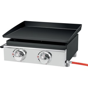 Barbecue a gas con due bruciatori e piastra.