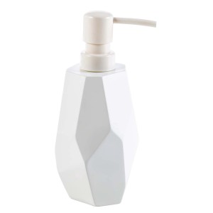Dispenser sapone bianco con design geometrico per bagno e cucina.