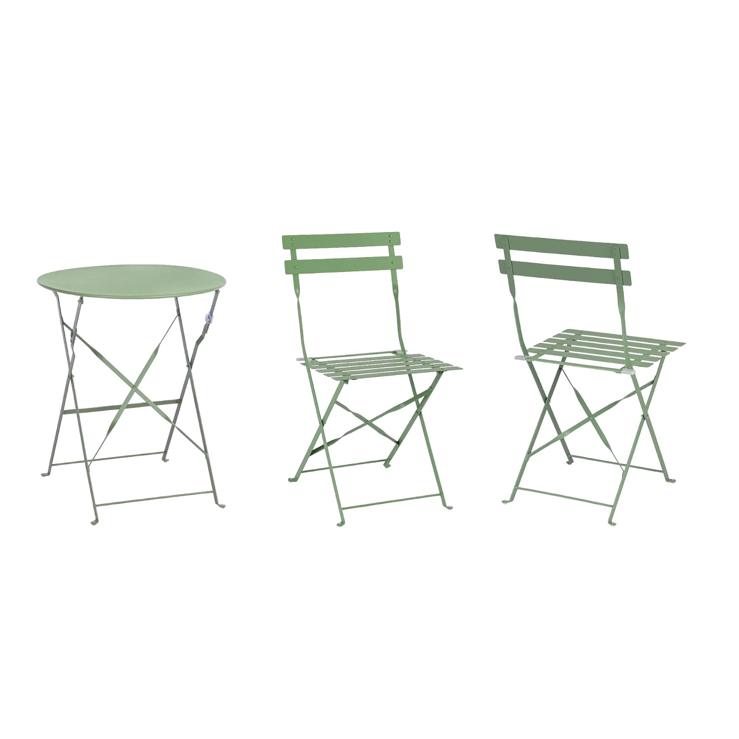 Set bistro AUSTIN verde: tavolo pieghevole e due sedie in acciaio per terrazza e giardino.
