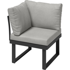 Poltrona angolare in alluminio grigio Lipson per lounge da giardino, con cuscini grigio chiaro.