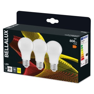 Confezione di lampadine LED E27 Bellalux, confezione da 3, bianco caldo, 8.5W, 806 Lumen.