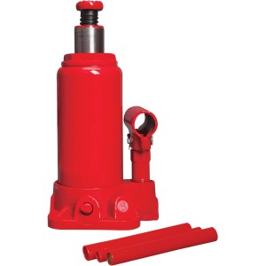 Cric a bottiglia rosso SWH-5000 A con accessori per la riparazione e manutenzione auto.