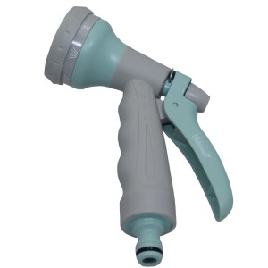 Pistola per irrigazione grigio-turchese con diversi modelli di spruzzo.