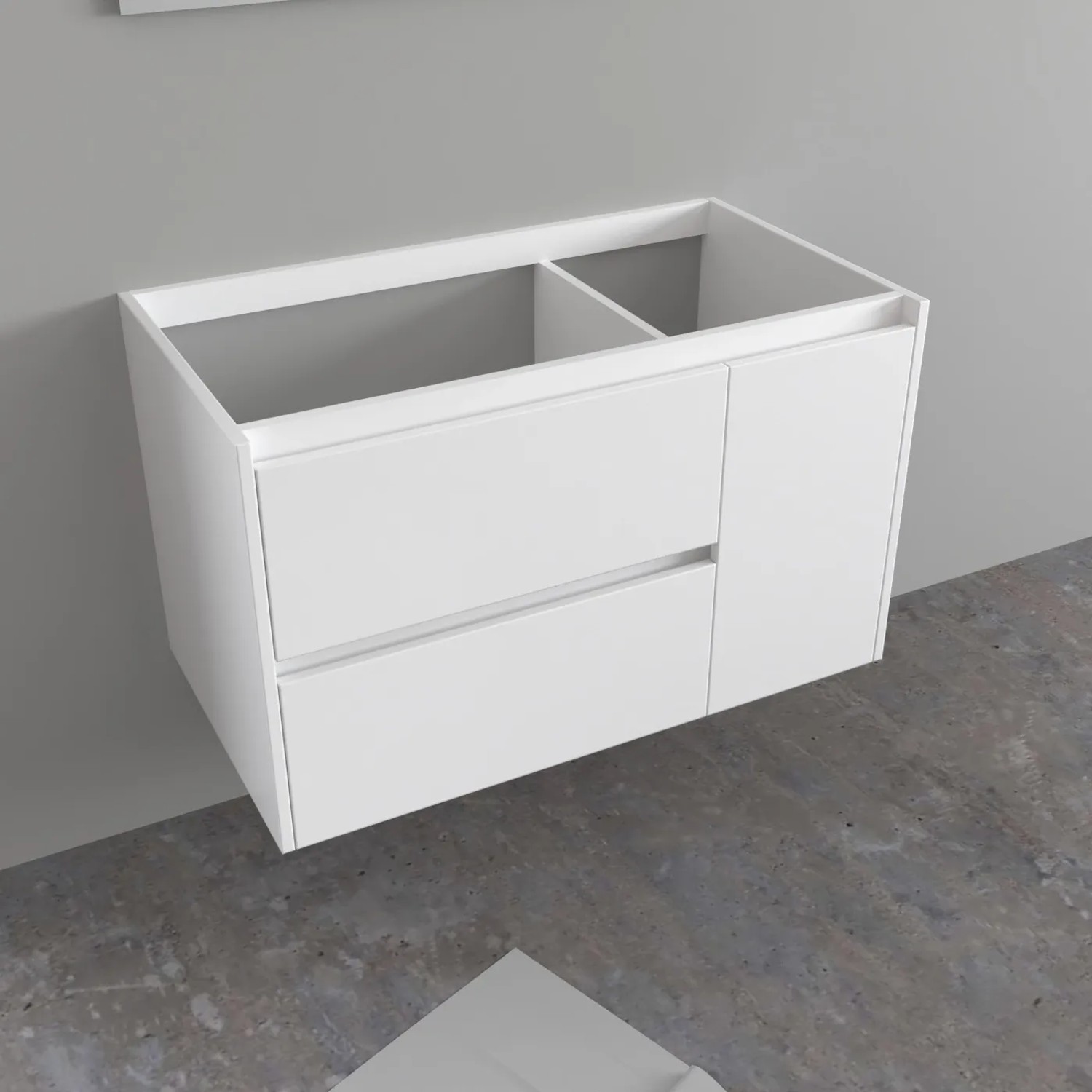 Mobile bagno sospeso bianco con due cassetti e un'anta.