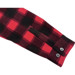 Manica di camicia in pile a quadri rossi e neri con polsino regolabile e bottoni per abbigliamento da lavoro.