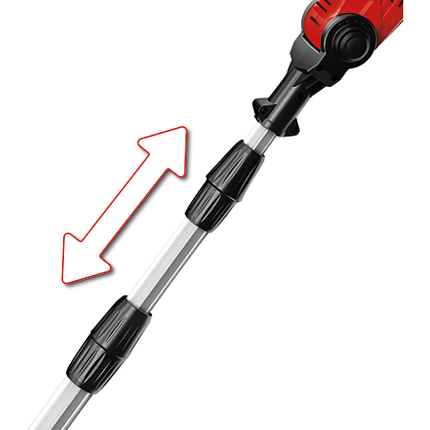 Einhell GE-HC 18 Li T Solo: Asta telescopica con freccia che mostra la regolazione della lunghezza del potatore.