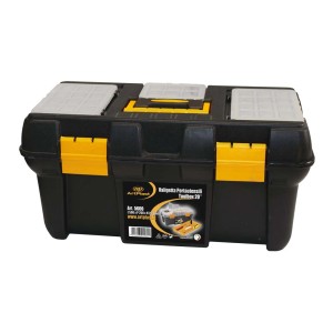 Valigetta porta attrezzi nera con chiusure gialle e coperchio grigio.