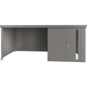 Tettoia laterale Biohort in grigio quarzo metallizzato per casetta Neo, copertura in metallo.