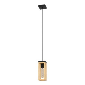Moderna lampada a sospensione t.b.t. con cornice in legno e baldacchino nero.